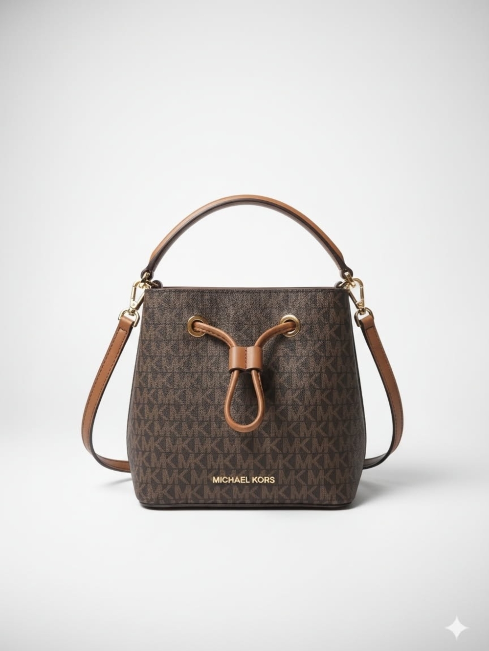 Michael Kors Brown Logo Mini Bucket Bag with Tan Trim